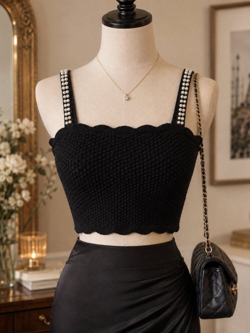 House of Harlow 1960 Black Pearl Strap Knit Crop Top Size Medium